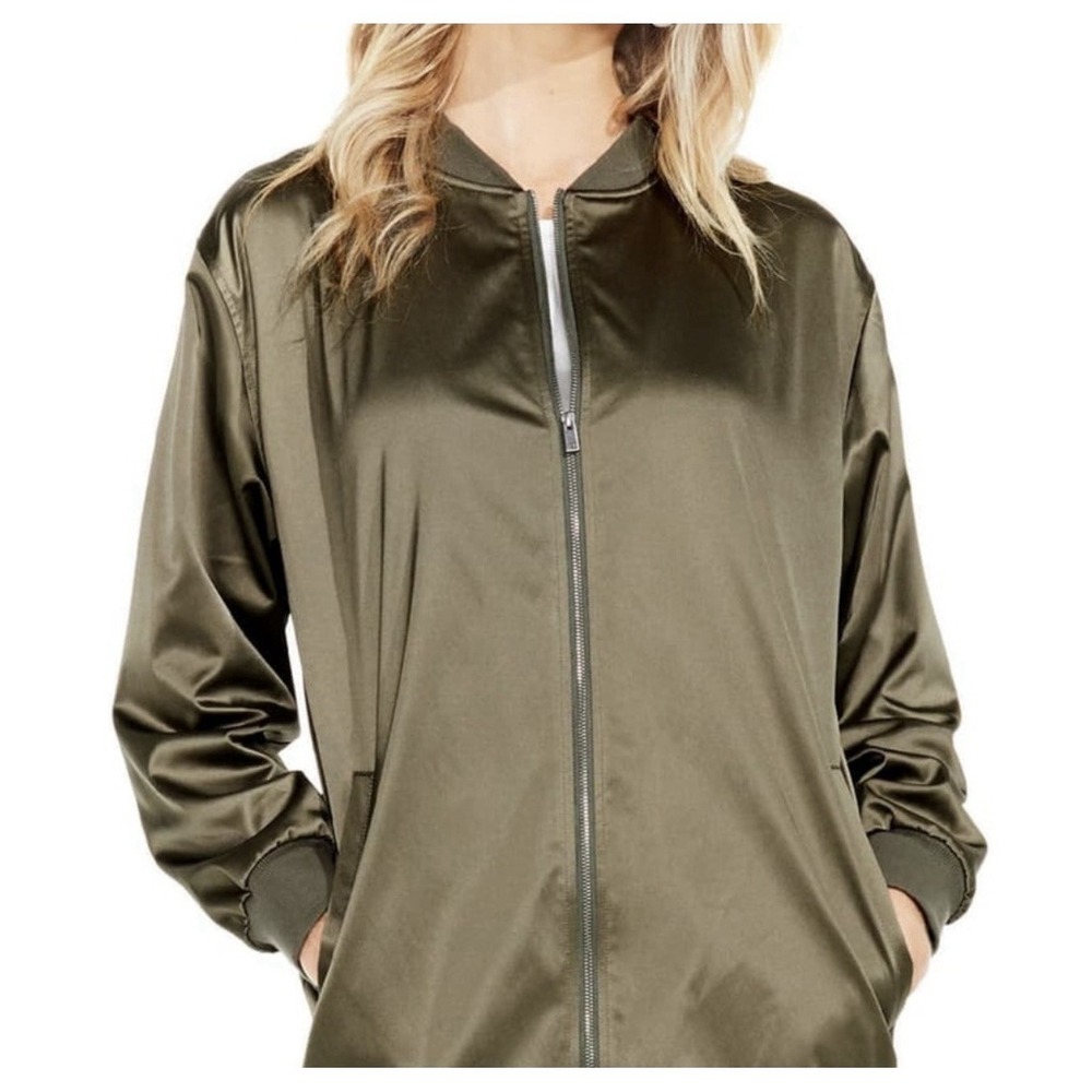 Two by Vince Camuto Womens Oversize Satin Bomber Jacket Army Green Size XXS